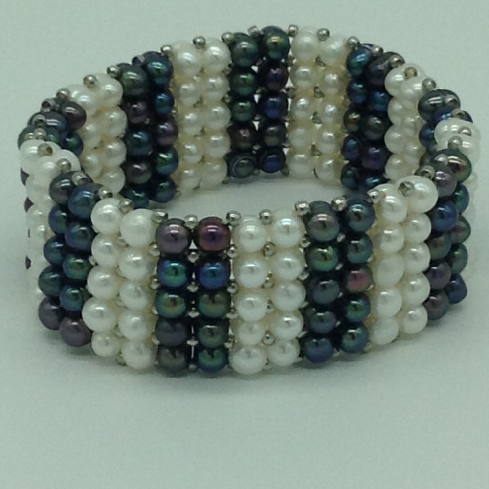 White And Black Potato Pearls With White Jaco Balls 5 Layers Elastic Bracelet JBG0171