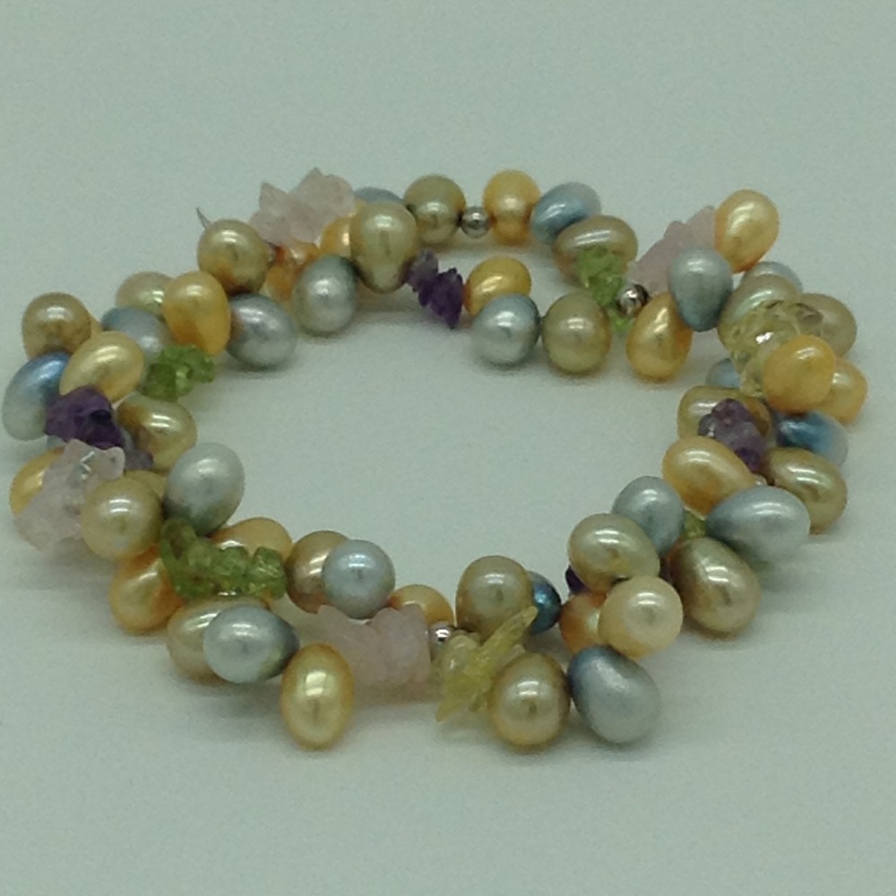 Golden And Blue Drop Pearls With Semi Beeds 2 Layer Elastic Twisted Bracelet JBG0169
