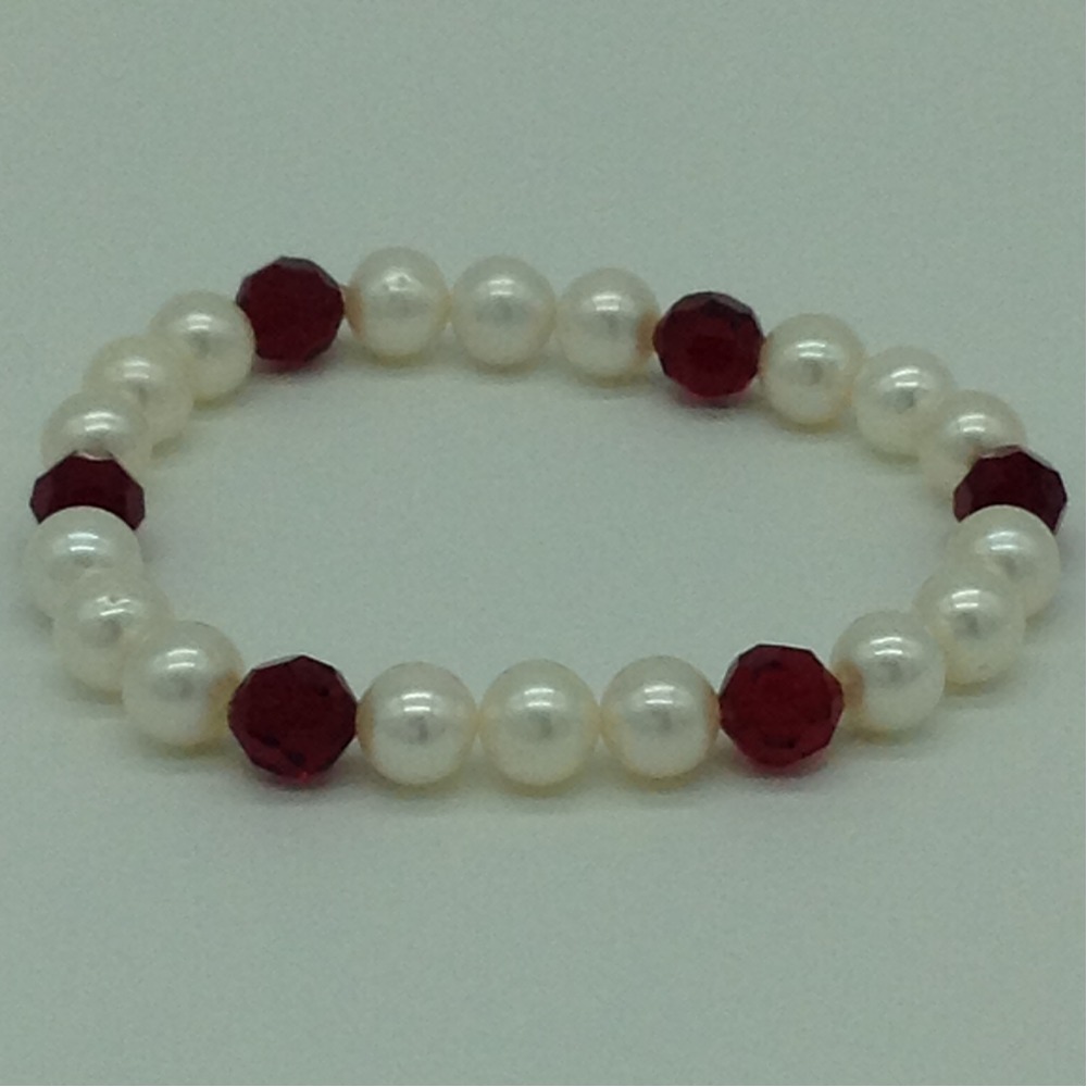 White Round Pearls With Red Crystals 1 Layer Elastic Bracelet JBG0168