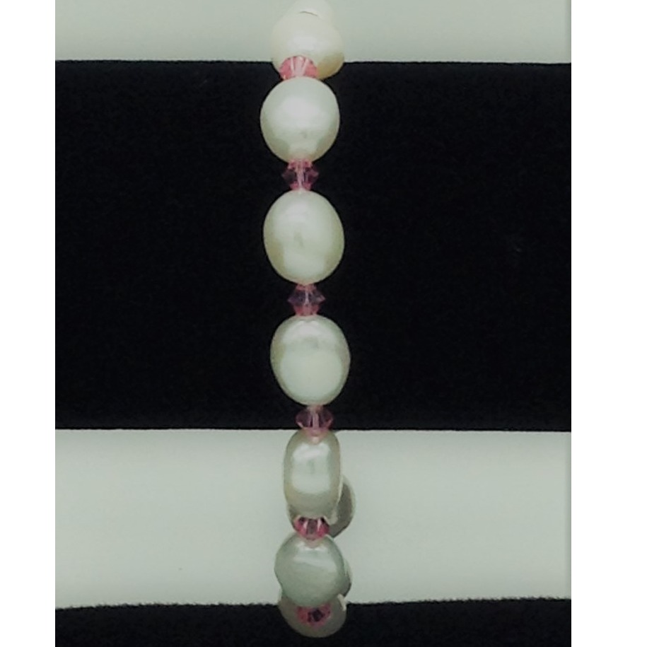 White Oval Baroque Pearls with Pink Crystals 1 Layer Elastic Bracelet JBG0166