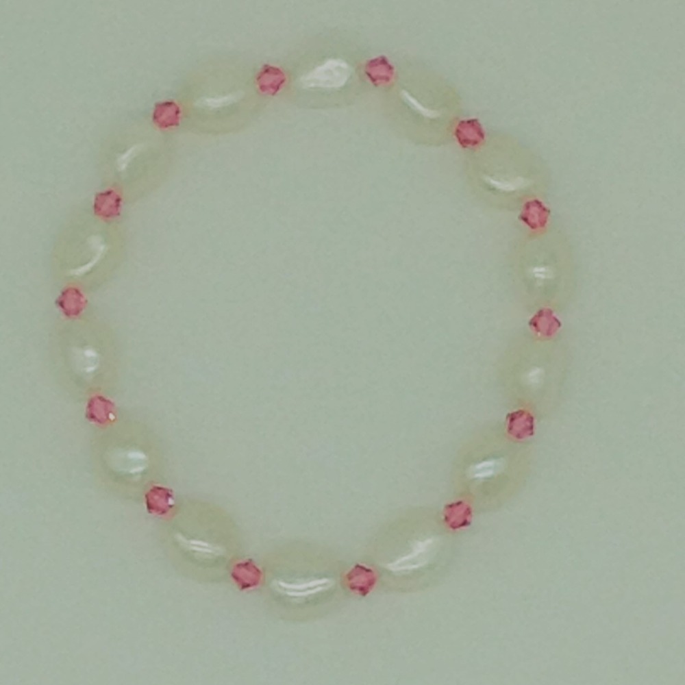 White Oval Baroque Pearls with Pink Crystals 1 Layer Elastic Bracelet JBG0166