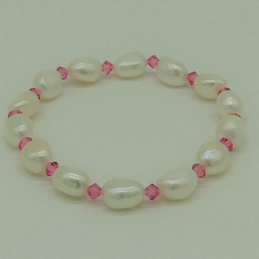 White Oval Baroque Pearls with Pink Crystals 1 Layer Elastic Bracelet JBG0166
