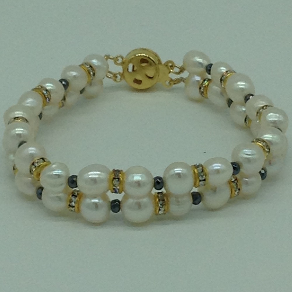 White Twin Pearls With Black Crystal And CZ Chakri 2 Layers Bracelet JBG00159