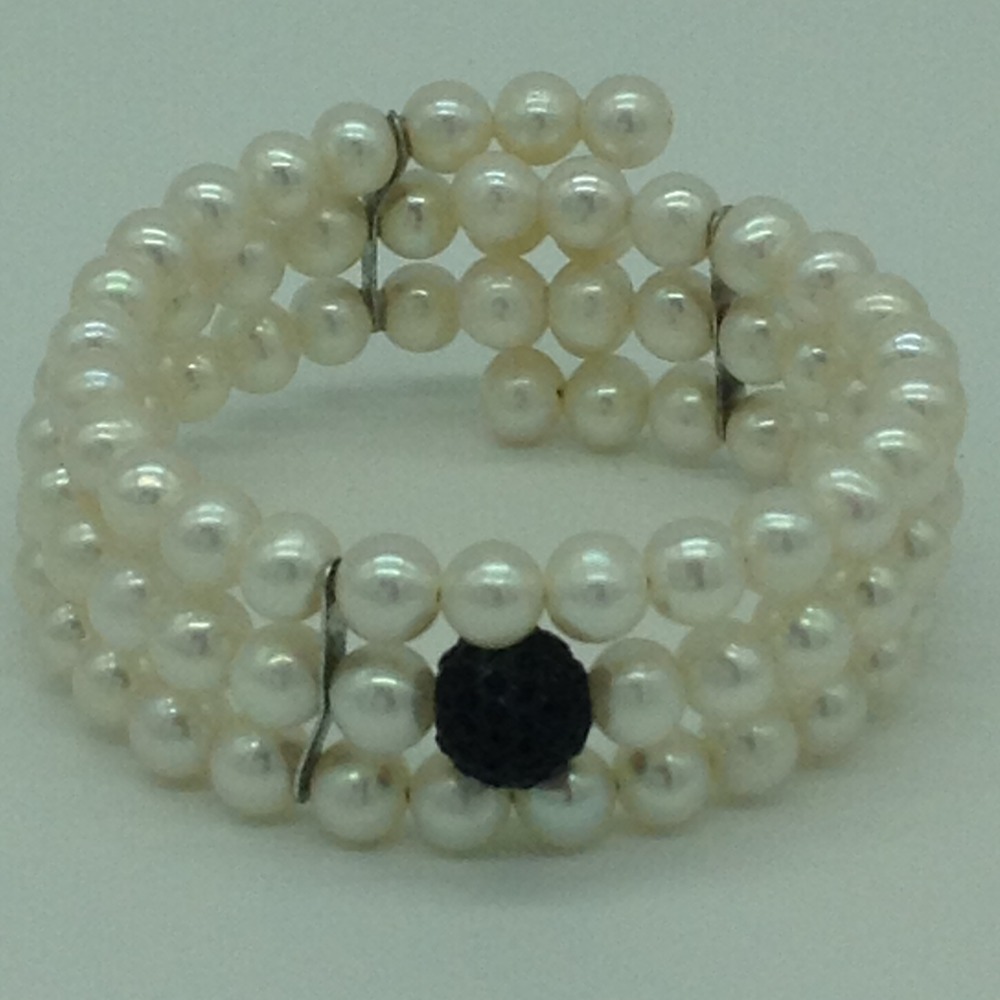 White Round Pearls And Black CZ Ball 3 Layers Stiff Bracelet JBG0151