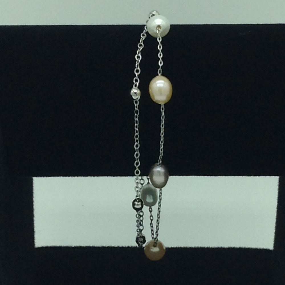 Multi colour oval pearls with white alloy chain bracelet jbg0128