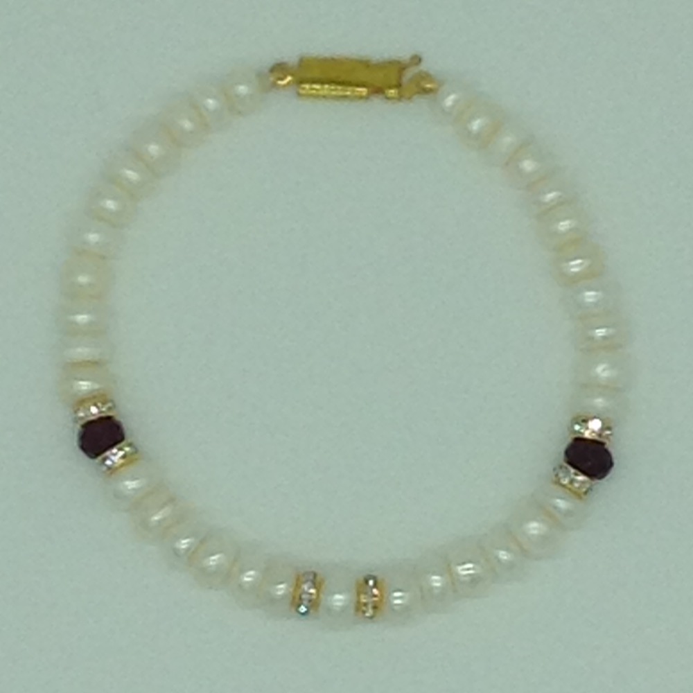 White Flat Pearls And Red Semi With CZ Chakri 1 Layers Bracelet JBG0120