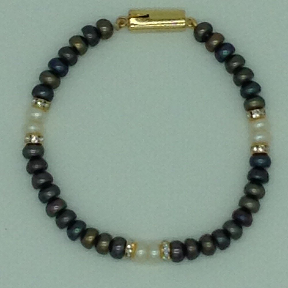 White And Brown Flat Pearls With CZ Chakri 1 Layers Bracelet JBG0113