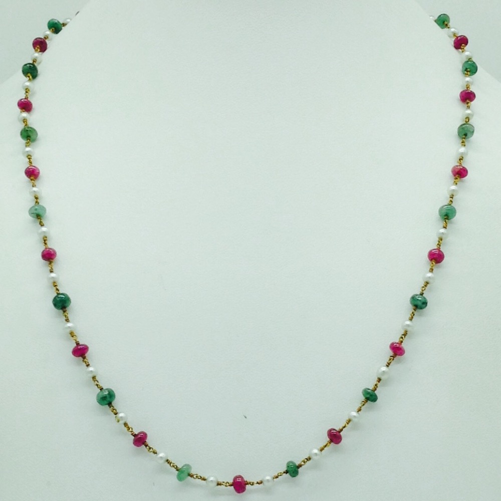 White Round Pearls With Ruby And Emeralds Gold Taar Mala JGT0013