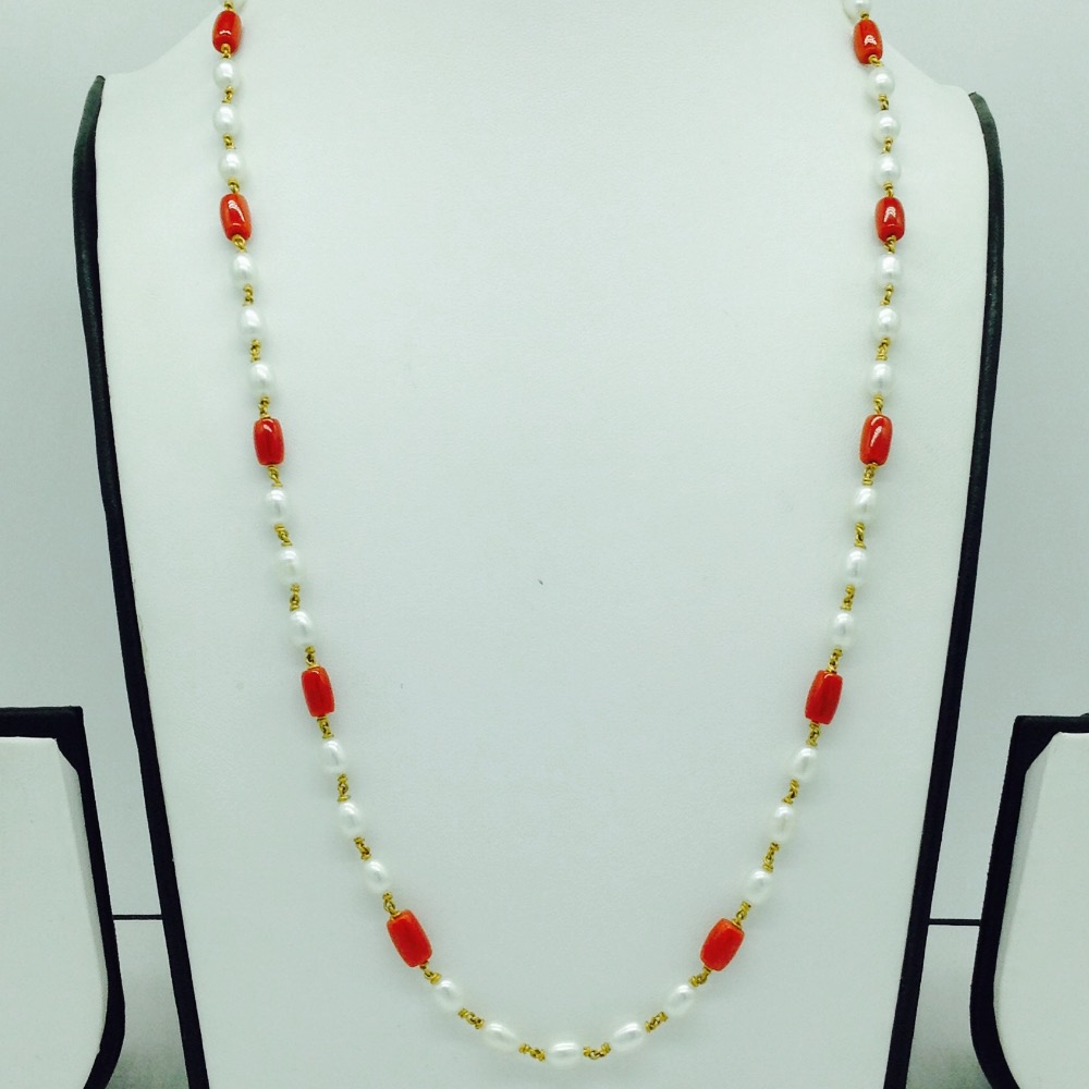 White Oval Pearls With Corals Dholki Gold Taar Necklace JGT0010