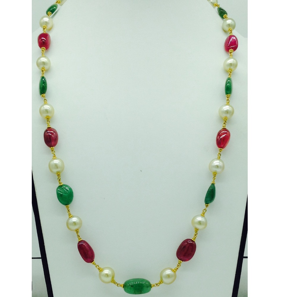 South Sea Pearls With Ruby,Emerald Tumbles Gold Taar Necklace JGT0006