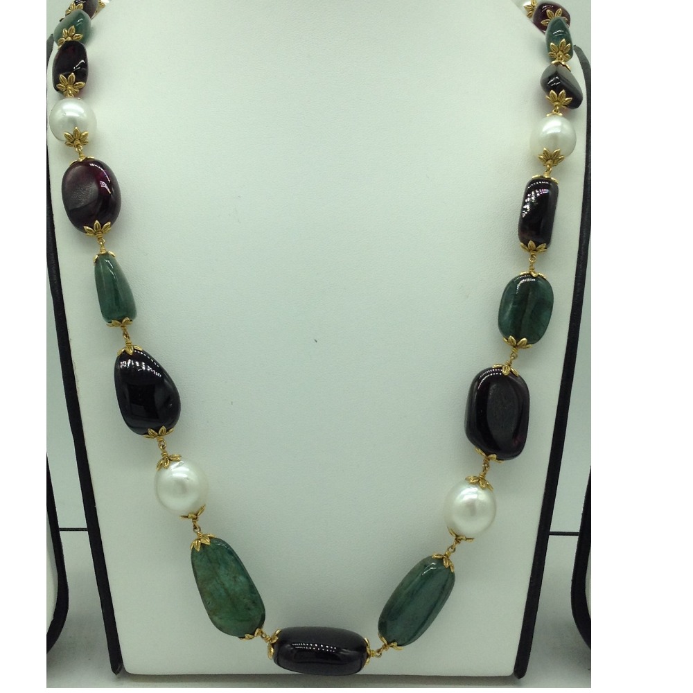 South Sea Pearls Emerald Tormaline Tumbles Gold Taar Necklace JGT0002