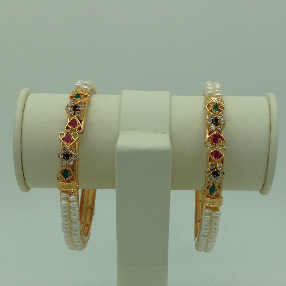 Pearls and Tri Colour CZ Stones 2 Layers Bangles JBG0084