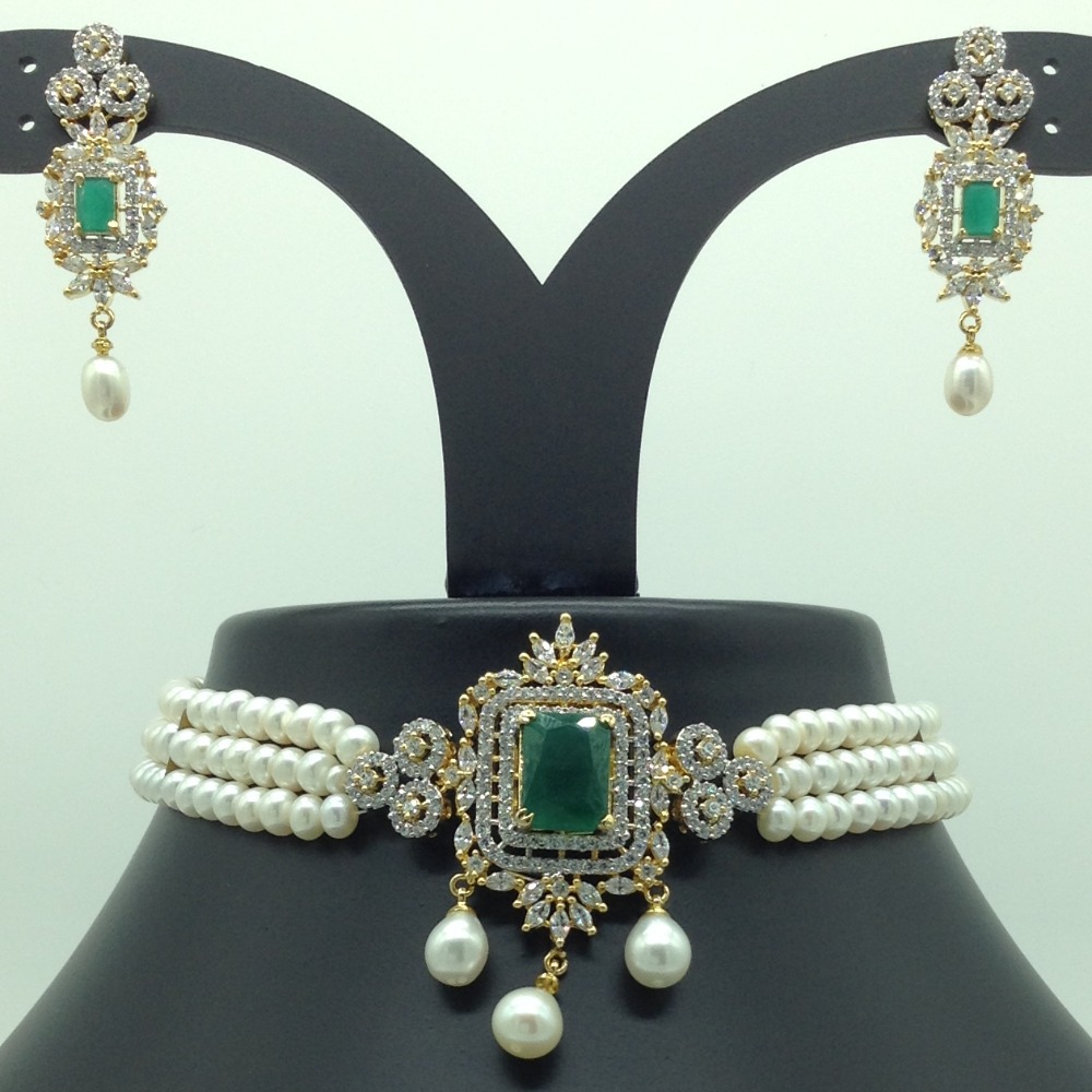 White, Green CZ Choker Set with 3 Line Flat Pearls Mala JPS0550