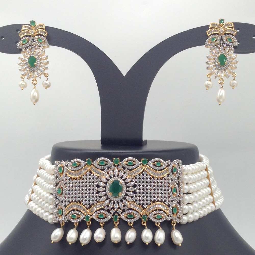 Green, White CZ And Pearls Choker Set With 6 Line Flat Pearls Mala JPS0547