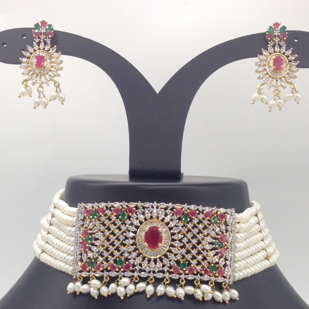 Tri Colour CZ And Pearls Choker Set With 7 Line Flat Pearls Mala JPS0546