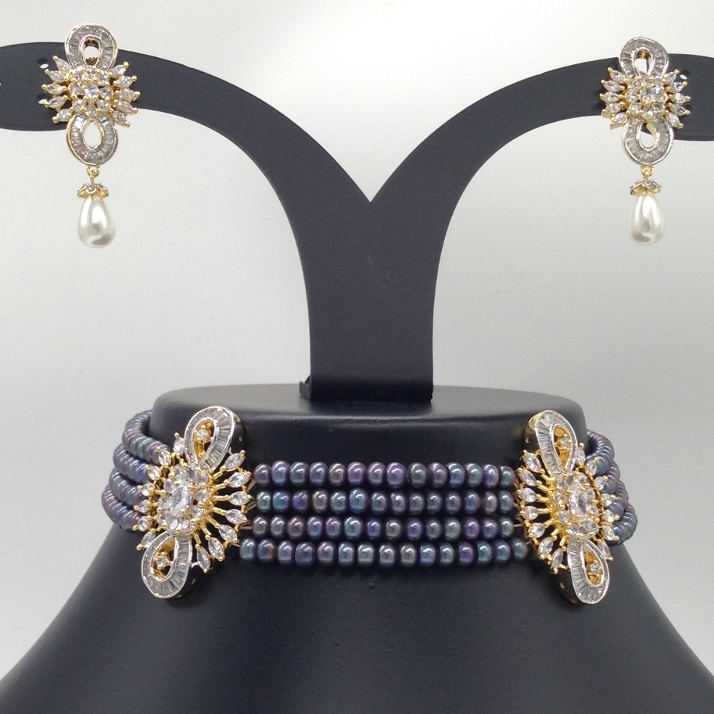 White CZ Choker Set With 4 Line Black Flat Pearls Mala JPS0540