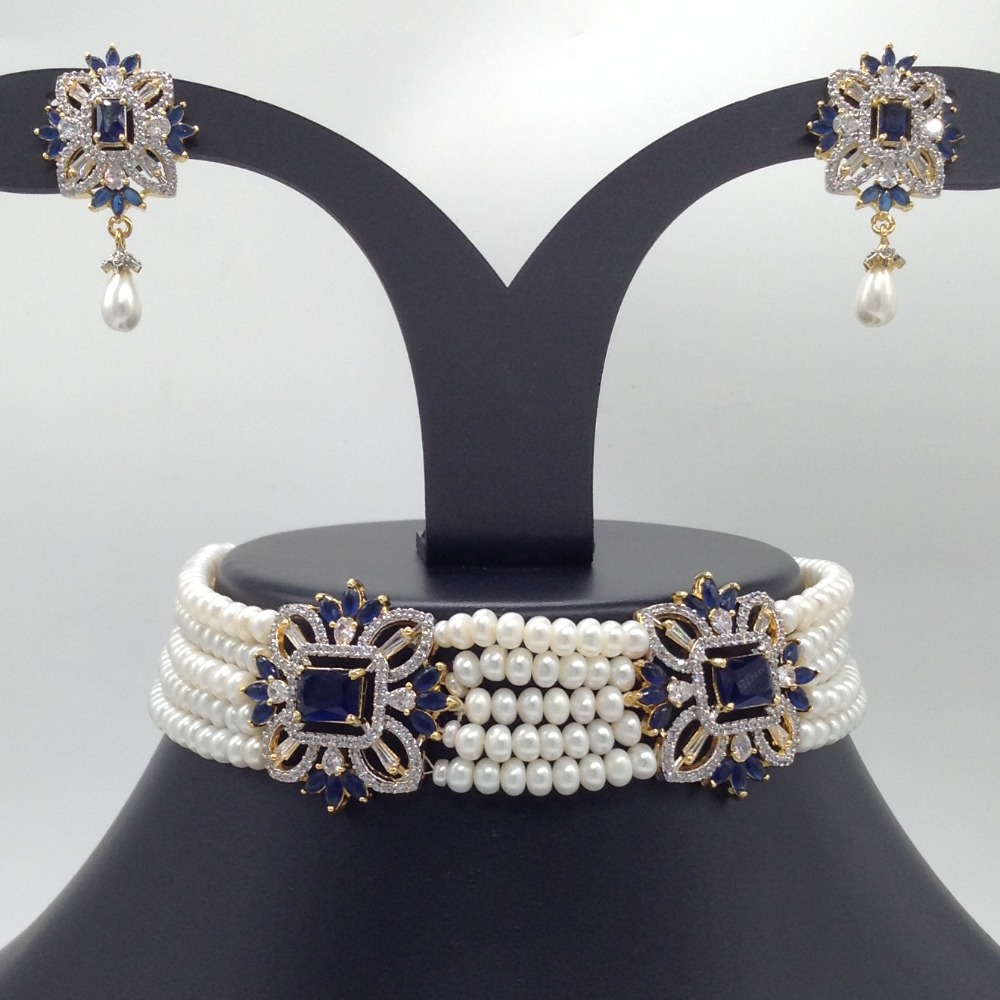 White And Blue CZ Choker Set With 5 Line Flat Pearls Mala JPS0539