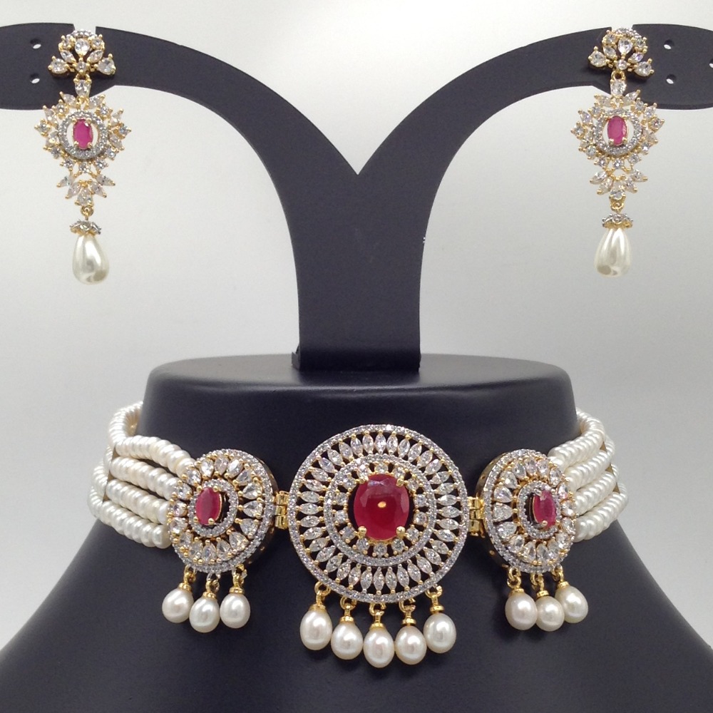 White, Red CZ And Pearls Choker Set With 4 Line Flat Pearls Mala JPS0536