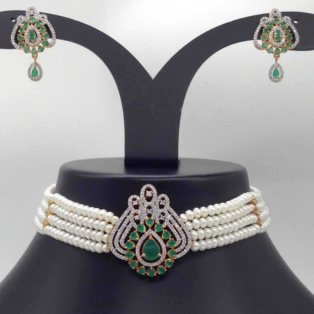 White and green cz choker set with 4 line flat pearls mala jps0530