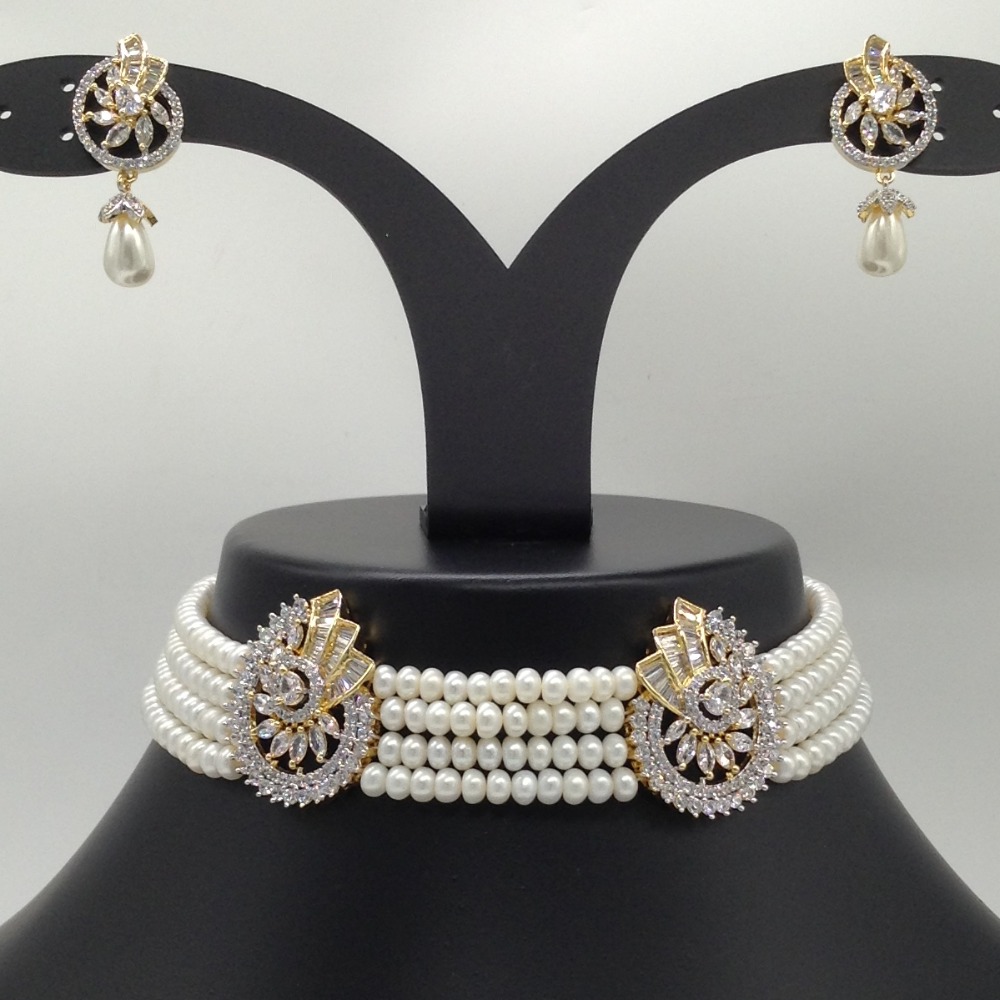 White CZ Choker Set With 4 Line Flat Pearls Mala JPS0520