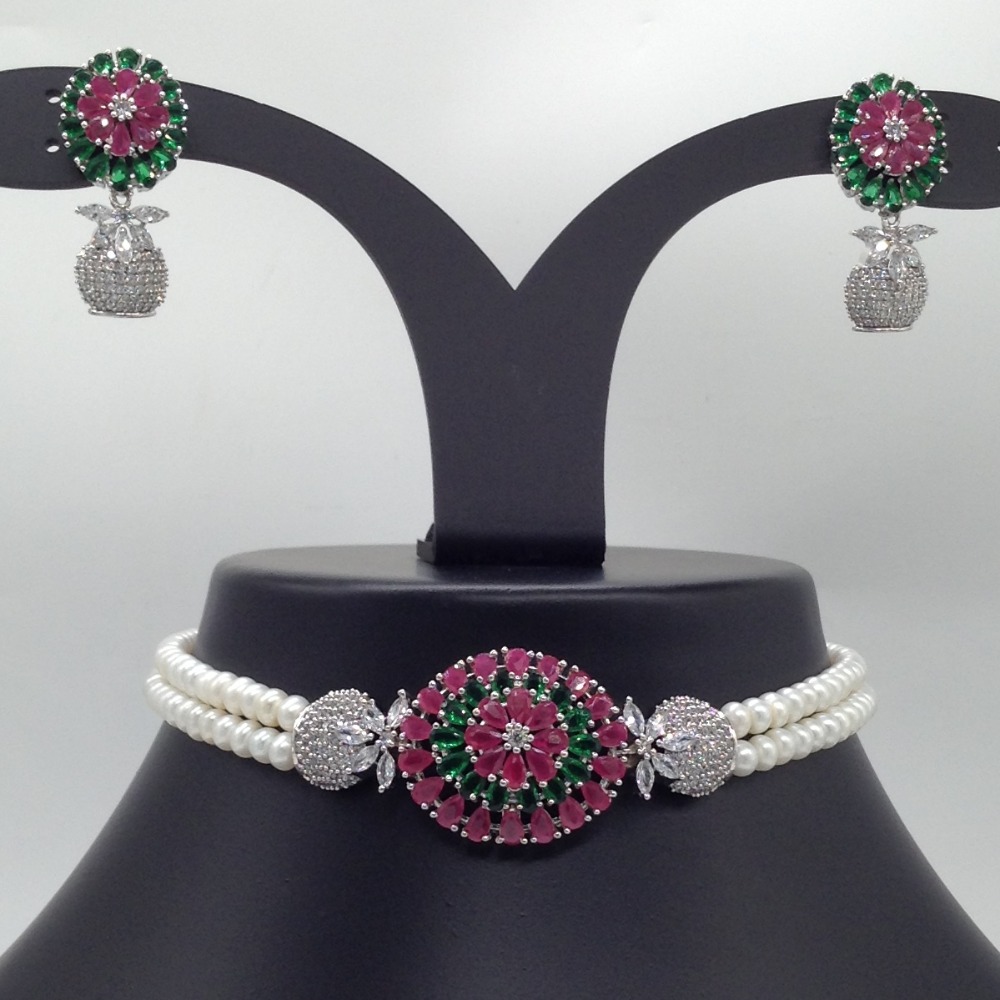 Tri Colour CZ Choker Set With 2 Line Flat Pearls Mala JPS0517