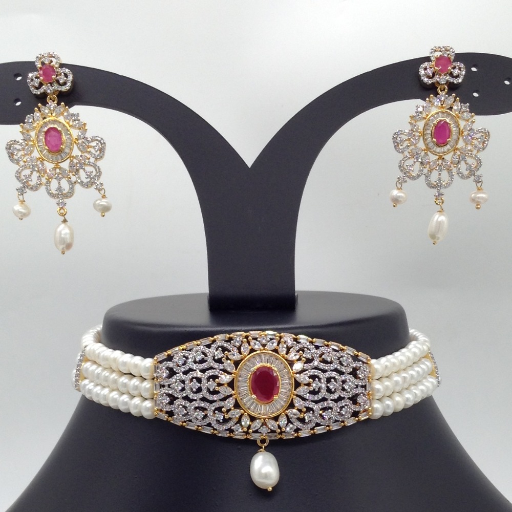 White And Red CZ Choker Set With 4 Line Flat Pearls Mala JPS0511