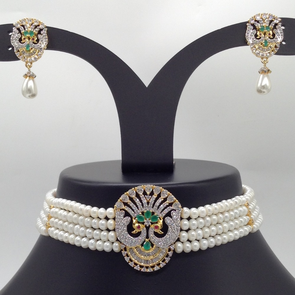 Tri Colour CZ Peacock Choker Set With 4 Line Flat Pearls Mala JPS0510
