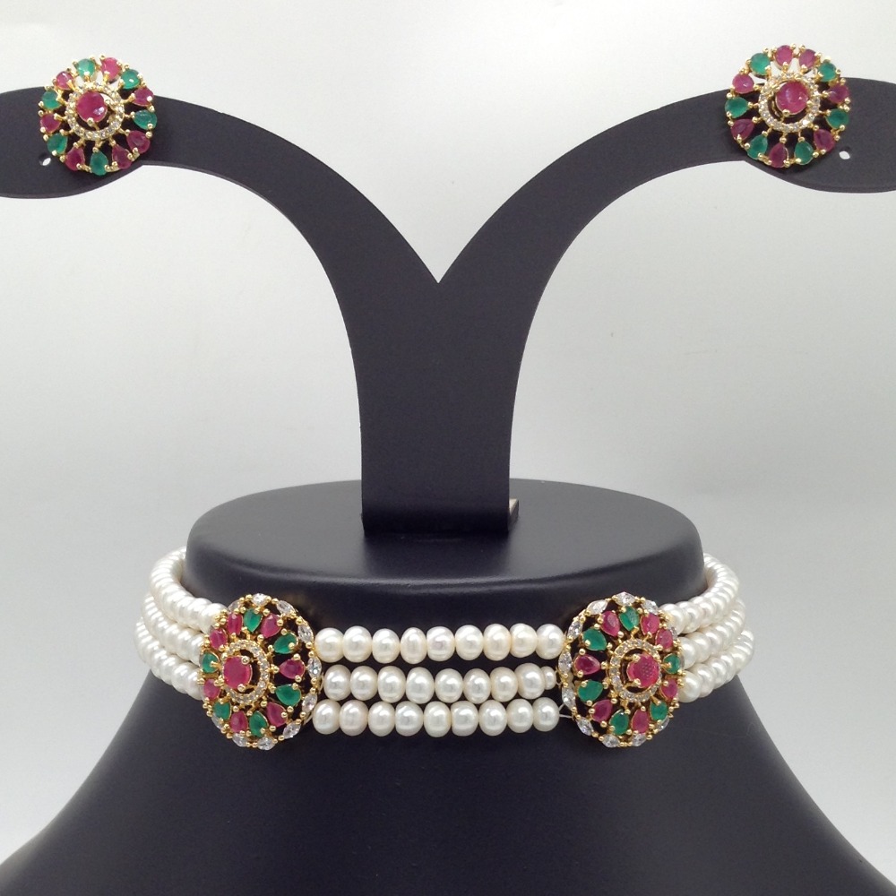 Tri Colour CZ Choker Set With 3 Line Flat Pearls Mala JPS0508
