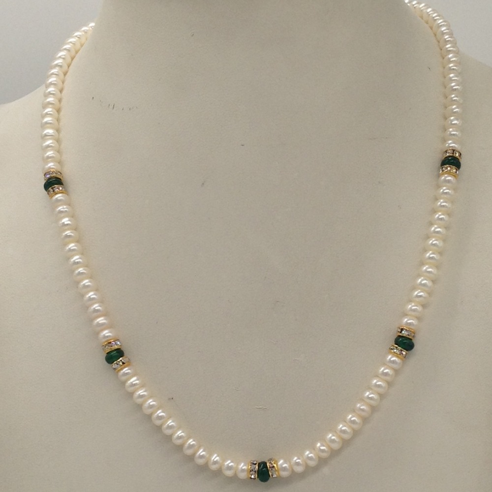 White Flat Pearls Single Layer Mala With Green Semi Beeds JPM0351
