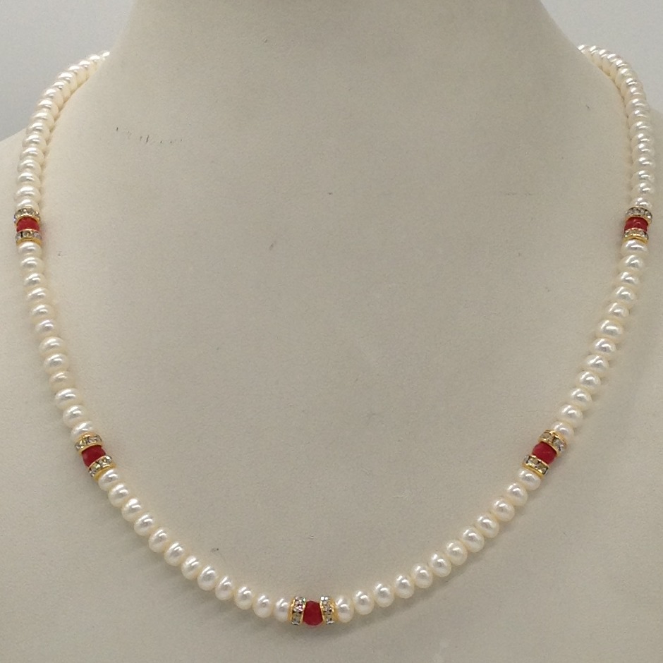 White Flat Pearls Single Layer Mala With Orange Semi Beeds JPM0350