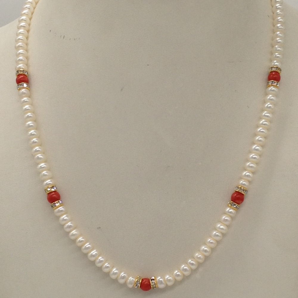 White Flat Pearls Single Layer Mala With Coral Semi Beeds JPM0348