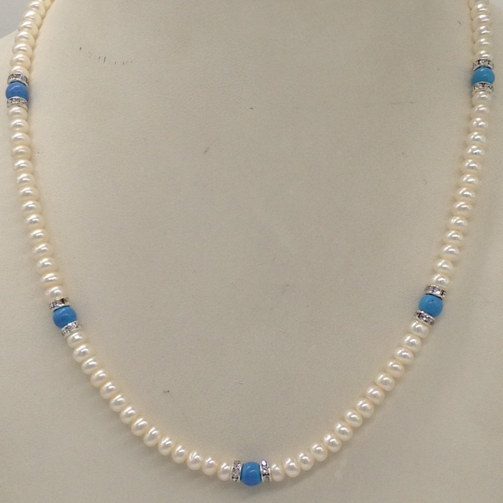 White Flat Pearls Mala With CZ Chakri And Turquoise Beeds JPM0347