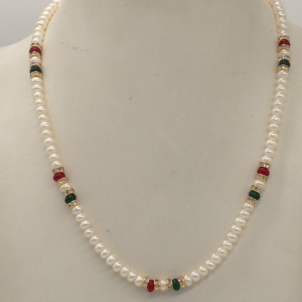White Flat Pearls Mala With CZ Chakri And Red, Green Beeds JPM0346
