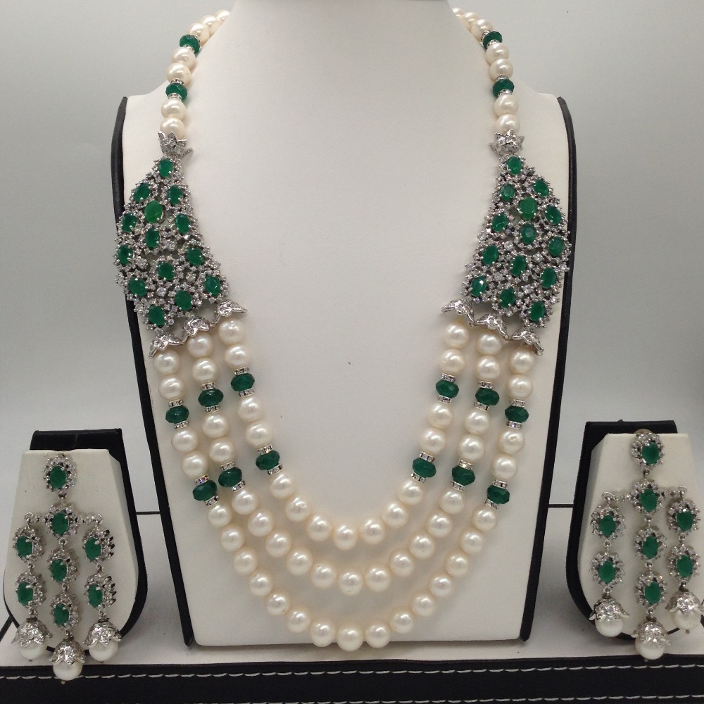 White cz ,green onyx brooch set with 3 lines round pearls jps0503