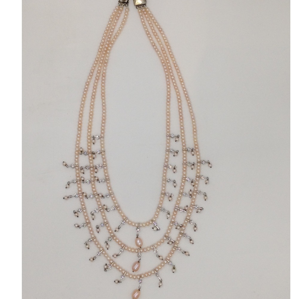 White CZ Phalli Haar Set with 3 Lines Pink Flat Pearls JPP1039
