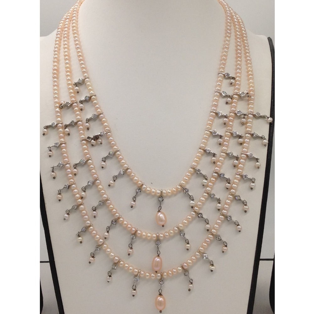 White CZ Phalli Haar Set with 3 Lines Pink Flat Pearls JPP1039