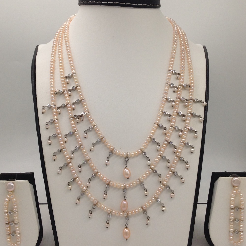 White CZ Phalli Haar Set with 3 Lines Pink Flat Pearls JPP1039
