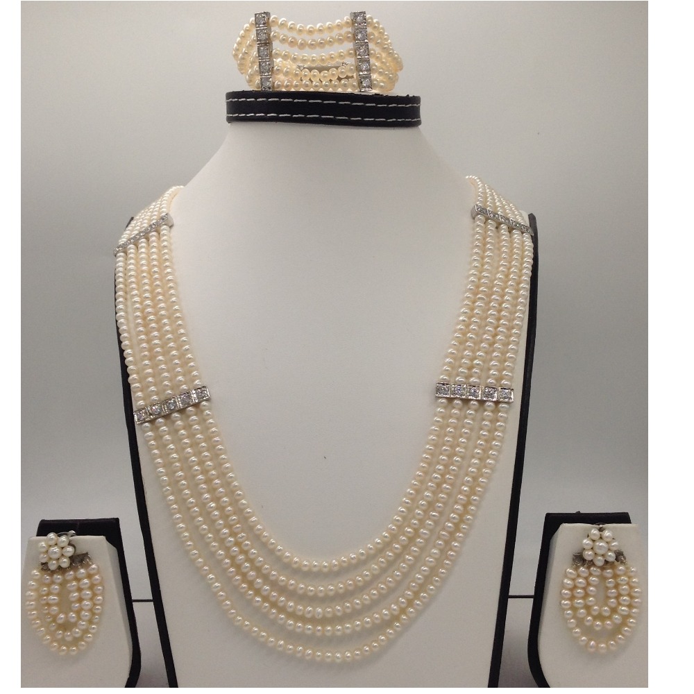 White CZ Patti Haar Full Set with 5 Lines Round Pearls JPP1038