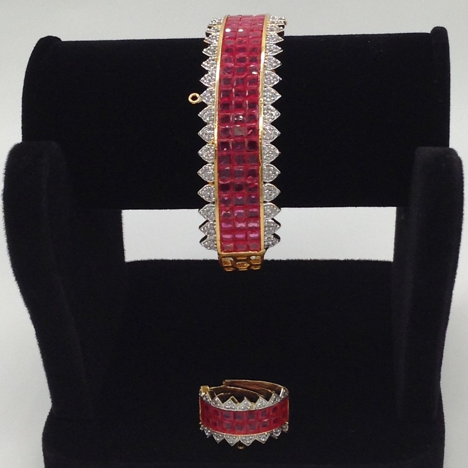 White and red cz openable kada bracelet, ring set jbg0031