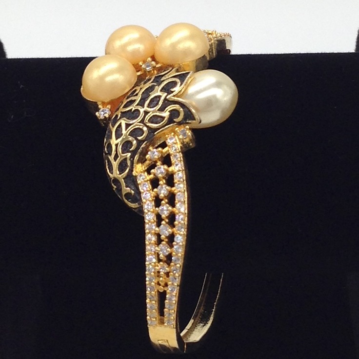 White CZ And Shell Pearls Enamel Openable Kada Bracelet JBG0030
