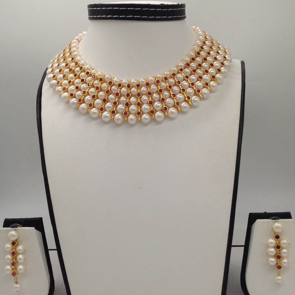 White Round Pearls and Red CZ Patti 5 Layers Patta Set JPP1036