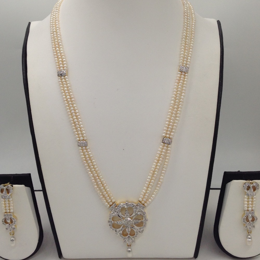 White cz rani haar set with 3 lines flat pearls mala jps0497