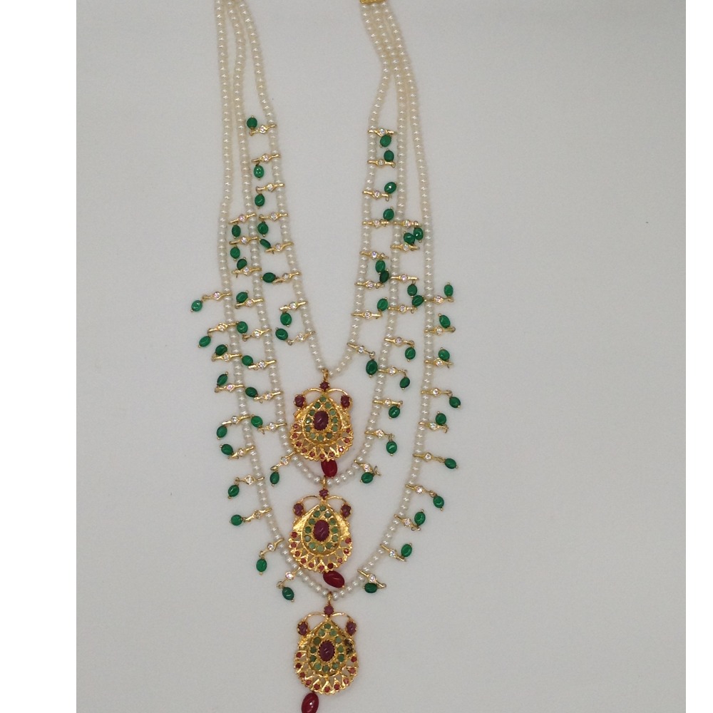 Ruby,Emerald Jugni 3 Line Haar Set with 3 Lines Flat Pearls JPS0496