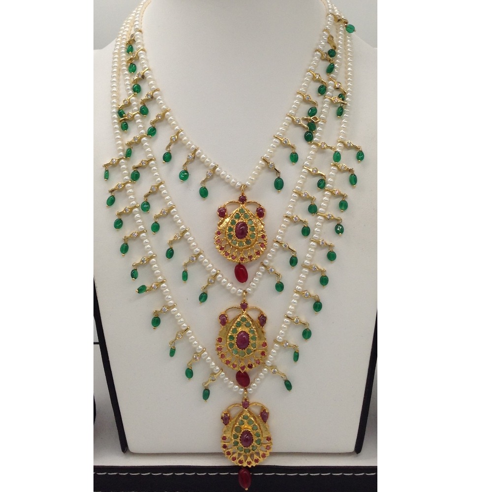 Ruby,Emerald Jugni 3 Line Haar Set with 3 Lines Flat Pearls JPS0496