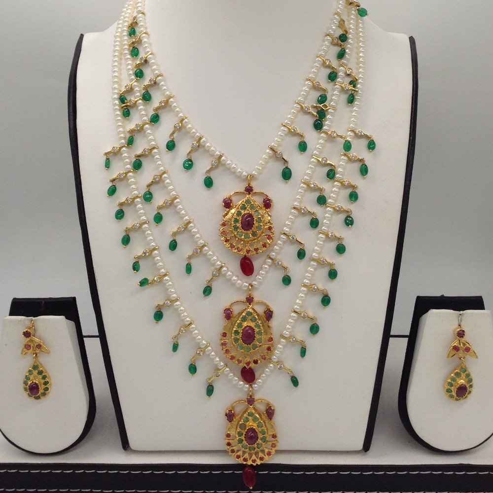 Ruby,Emerald Jugni 3 Line Haar Set with 3 Lines Flat Pearls JPS0496