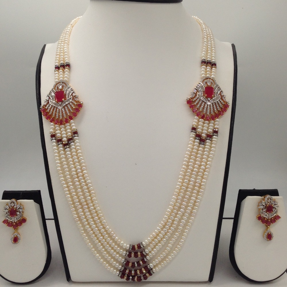 White And Red CZ Brooch Set With 5 Lines Flat Pearls Mala JPS0488