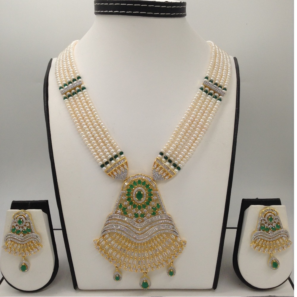 White,green cz ranihaar set with 5 lines flat pearls jps0484