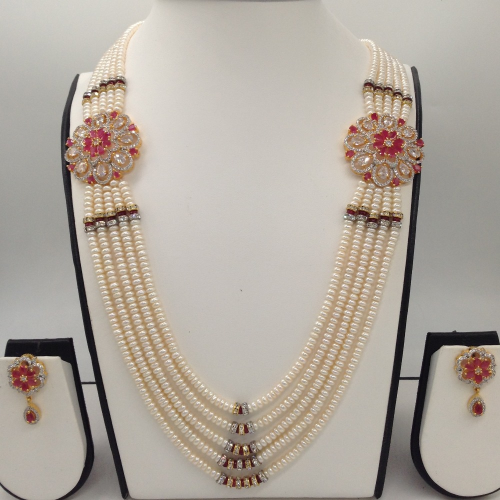 White And Red CZ Brooch Set With 5 Lines Flat Pearls Mala JPS0483