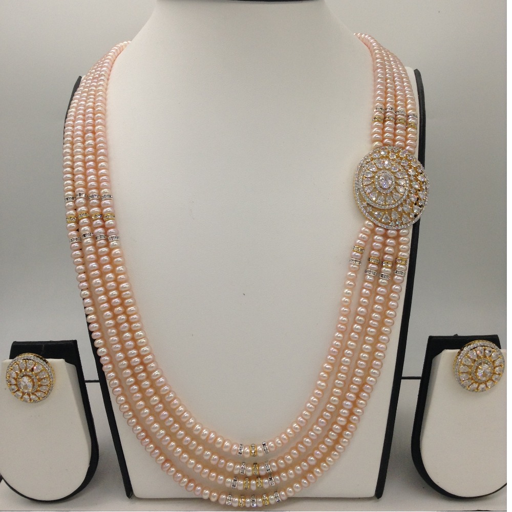 White CZ Brooch Set With 4 Lines Pink Flat Pearls Mala JPS0482