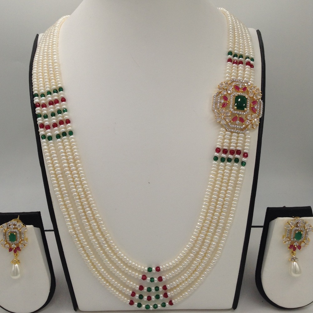 Tri Colour CZ Brooch Set With 5 Lines Flat Pearls Mala JPS0481